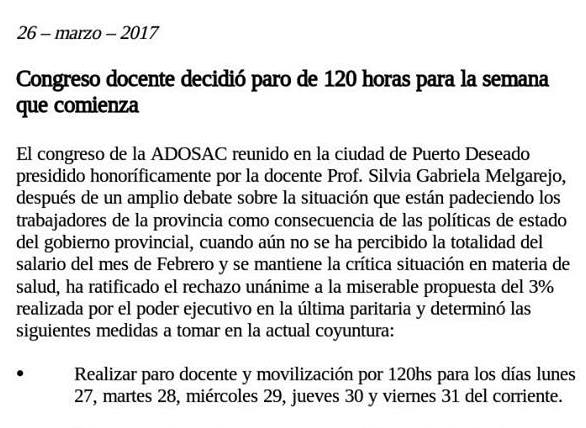 En Santa Cruz se inició un paro docente con movilizaciones por 120 horas. 