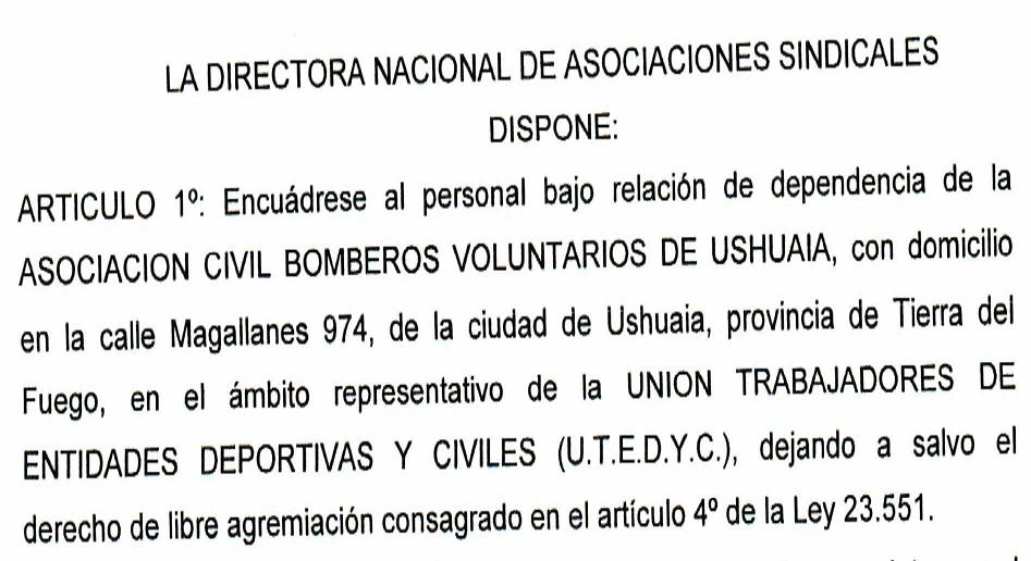 Bomberos Voluntarios de Ushuaia deberá encuadrar a sus trabajadores que estén bajo relación de dependencia en el CCT de UTEDYC