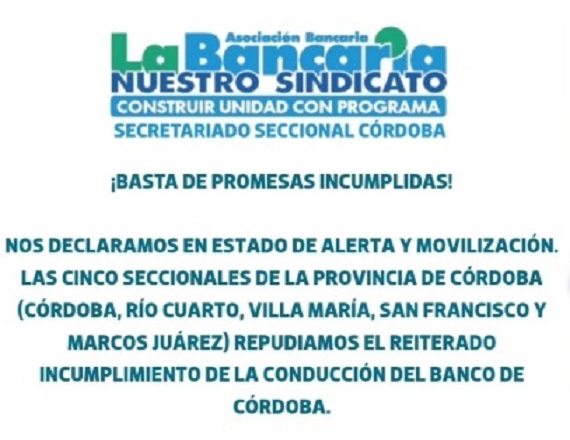 Trabajadores del Banco de Córdoba en estado de alerta y movilización