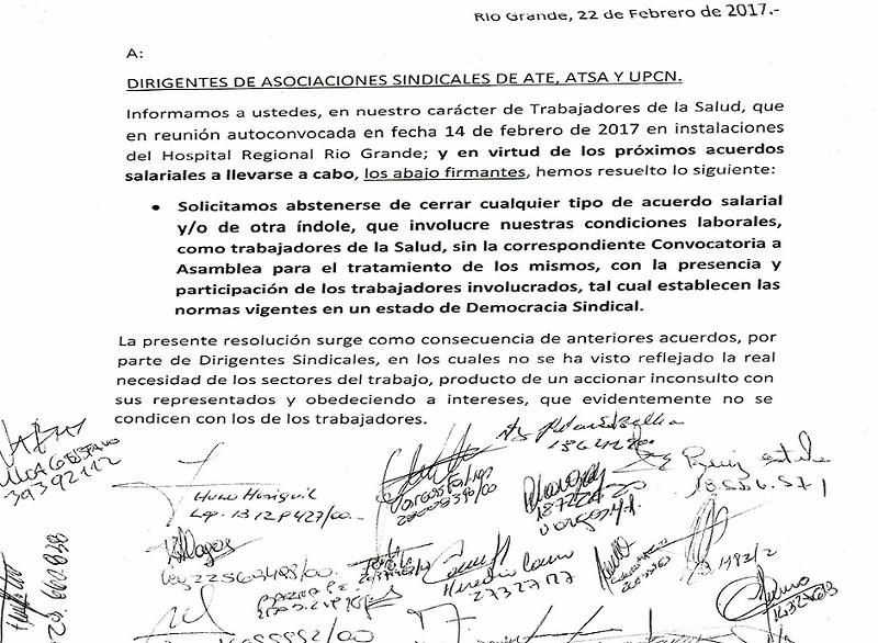 Petitorio firmado por trabajadores del Hospital de Río Grande.