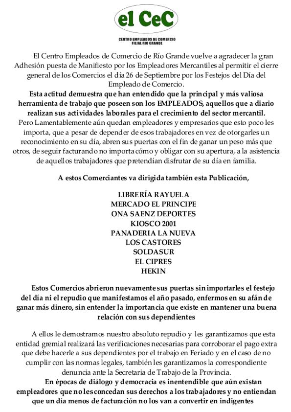 El CEC escrachó a comerciantes que no respetaron el Día del Empleado de Comercio 