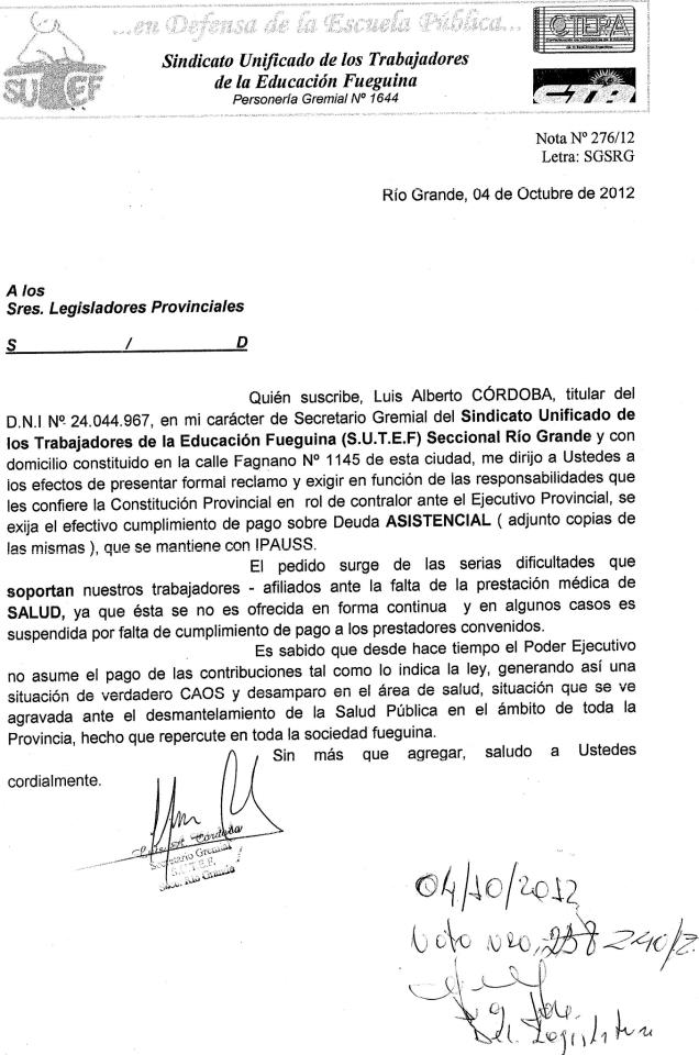 Nota presentada por el SUTEF Río Grande a los Legisladores de Tierra del Fuego