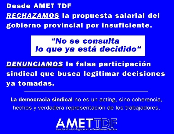 “Esto apenas alcanza para un kilo de carne, un litro de leche y medio changuito de supermercado”, resaltó AMET respecto a la última propuesta salarial presentada por el Gobierno de Tierra del Fuego.