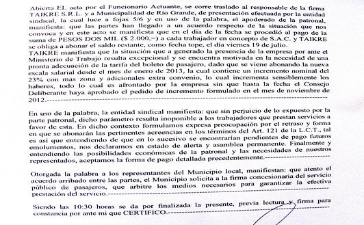 Acta suscrita por la UTA, TAIKRE y el Municipio de Río Grande 