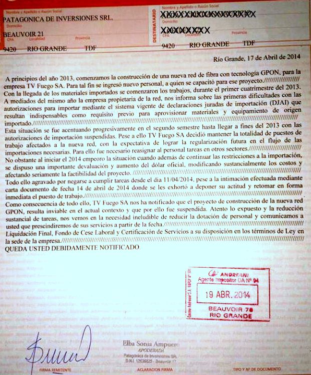 Telegrama enviado por Patagónica de Inversiones el jueves 17 de abril