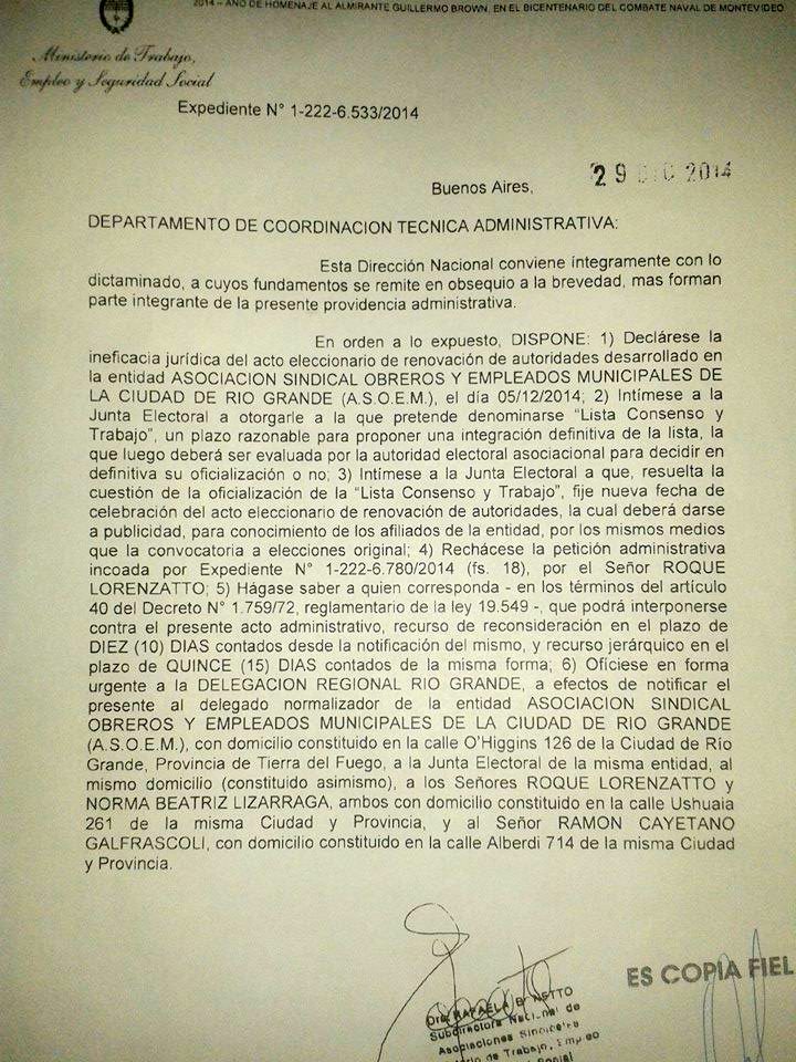 El Ministerio de Trabajo intimó a la Junta Electoral a fijar nueva fecha de elecciones 