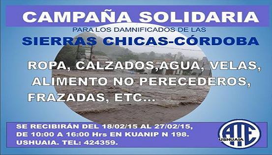 ATE recibe donaciones para enviar a Córdoba en la sede de Uhuaia, Kuanip Nº 198