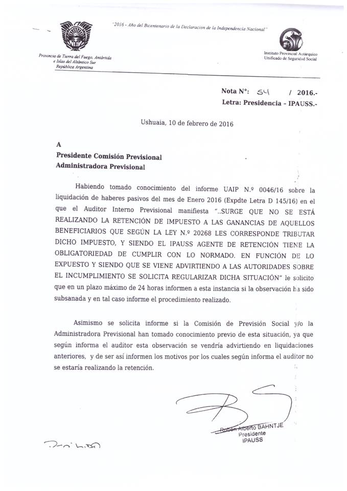 Nota Nº 54/2016 de Presidencia del IPAUSS con la firma de Rubén Bahntje. 
