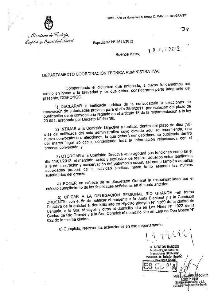 Resolución del Ministerio de Trabajo de Nación