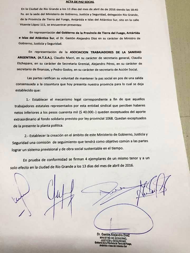 Acta firmada por dirigentes de ATSA con el Ministro Díaz.
